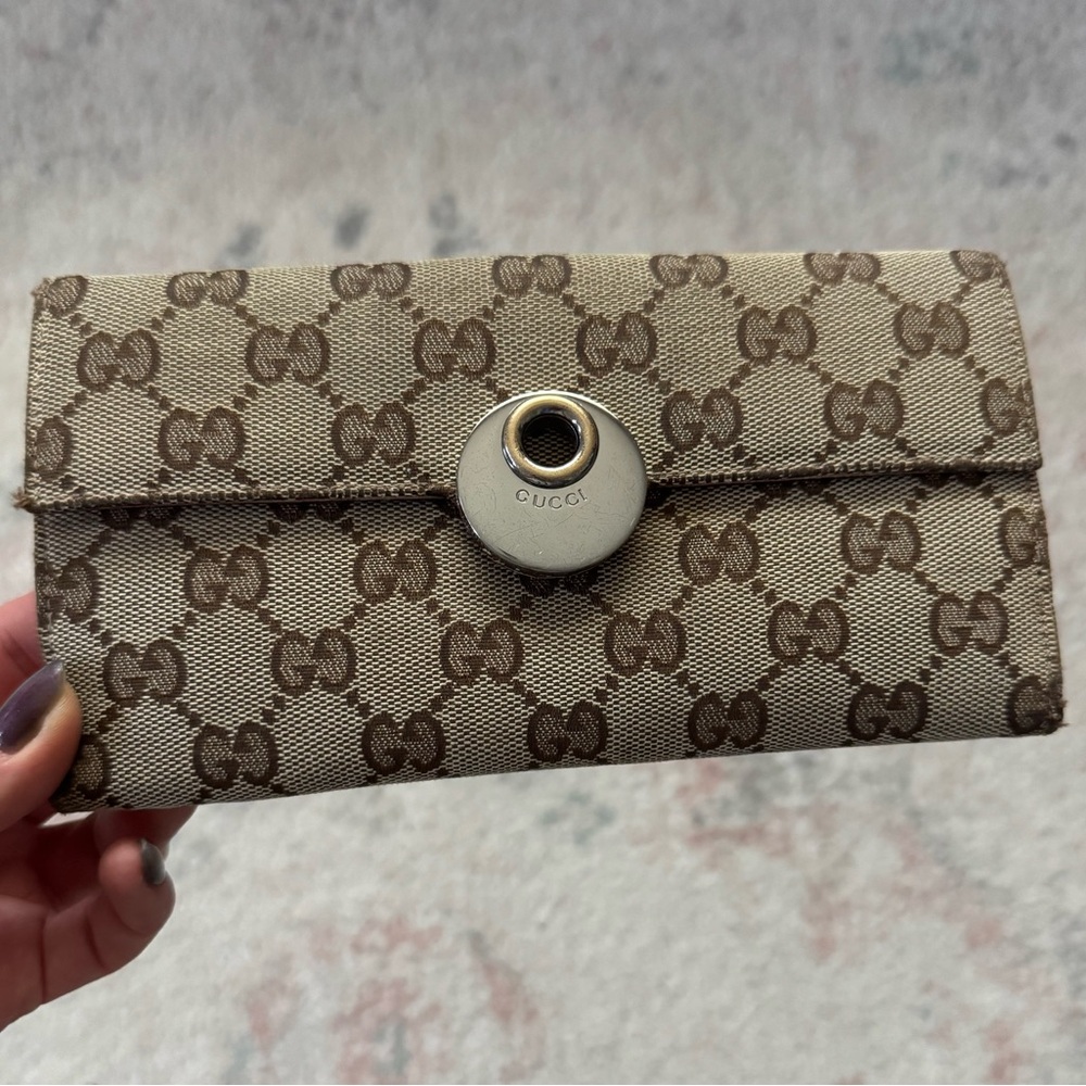 Gucci Beige Brown GG Canvas Snap Wallet